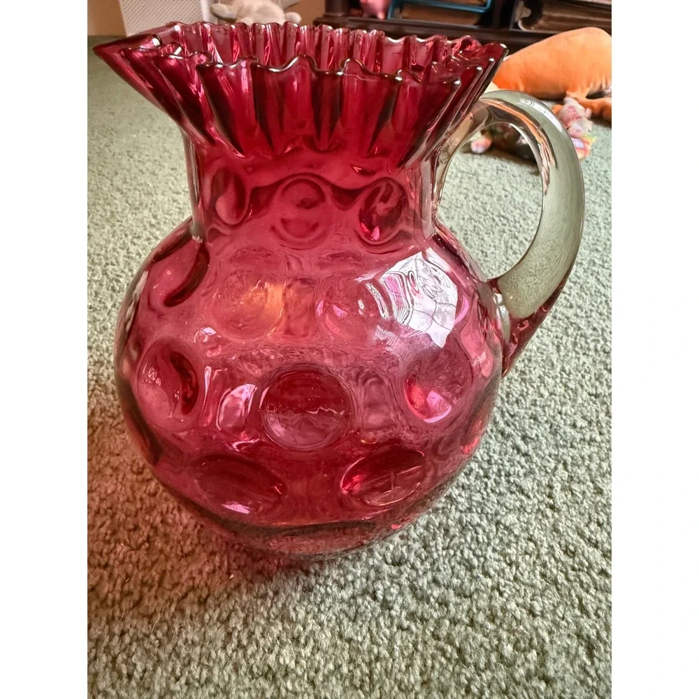 Fenton Cranberry Glass Pitcher Thumbprint Coin Dot Ruffled Rim Clear Handle